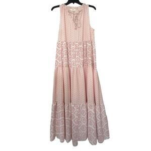 Entro Boutique Pink & White Multi Print Ruffle Tiered Cottagecore Maxi Dress Sm